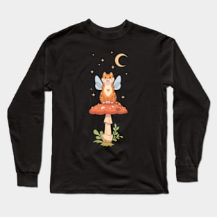 Fairy cat sitting on a mushroom night version Long Sleeve T-Shirt